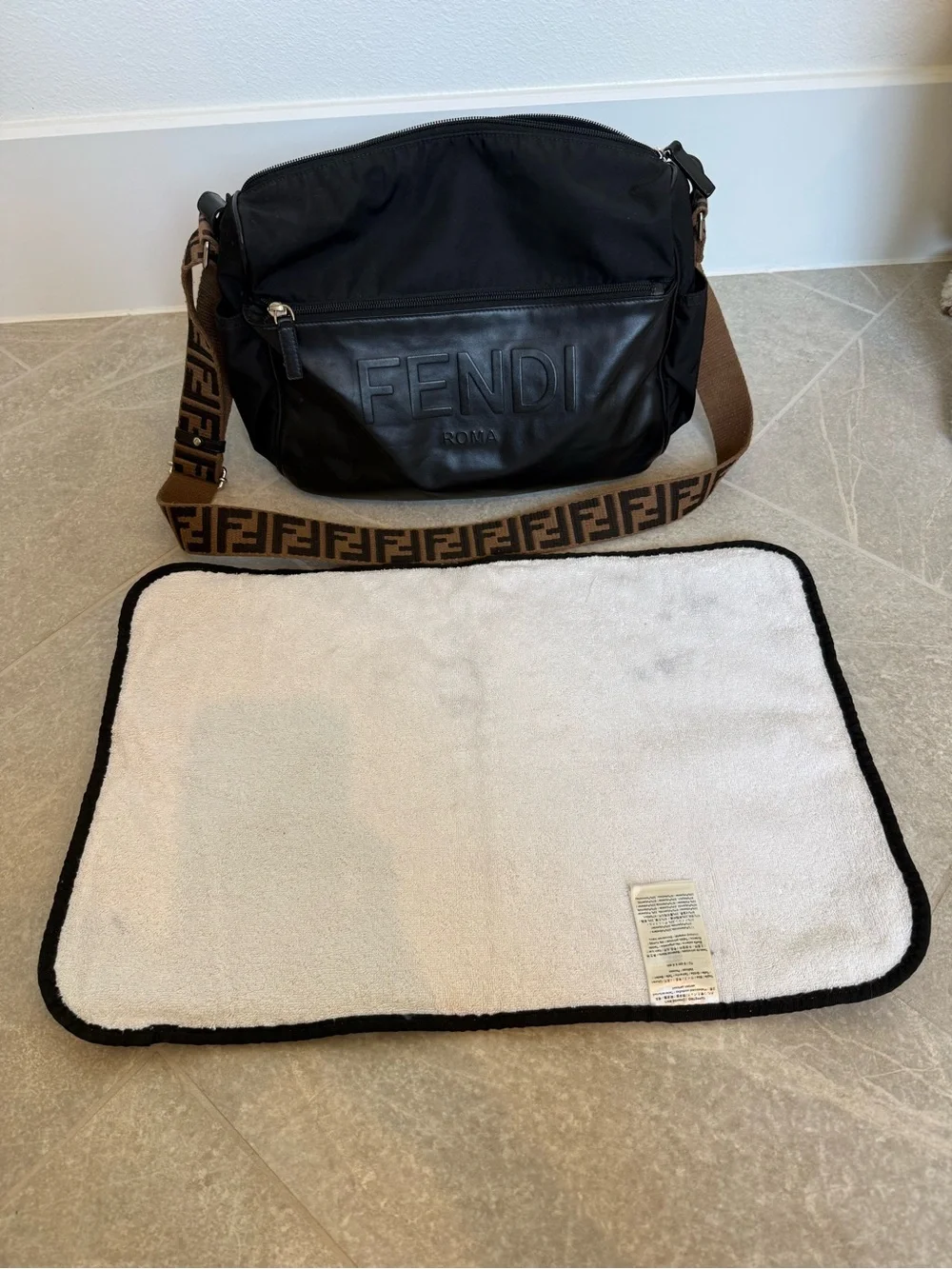 Fendi Black Leather Messenger Bag with Brown FF Jacquard Strap